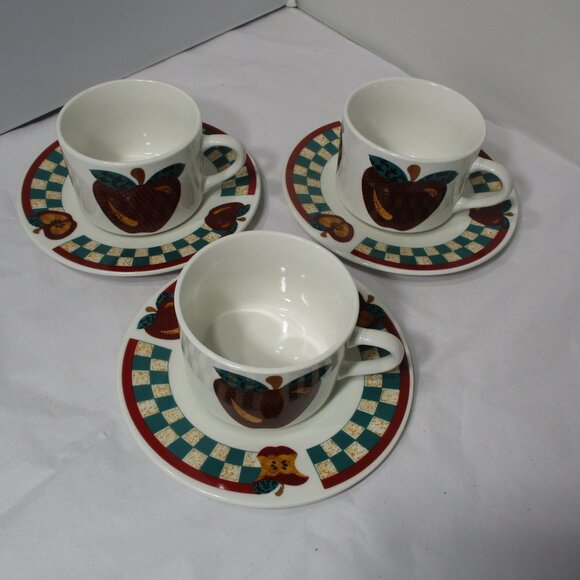 Vintage Tabletops Unlimited Red Apple Coffee Cups Mugs & Saucers set of 3 - Picture 2 of 5